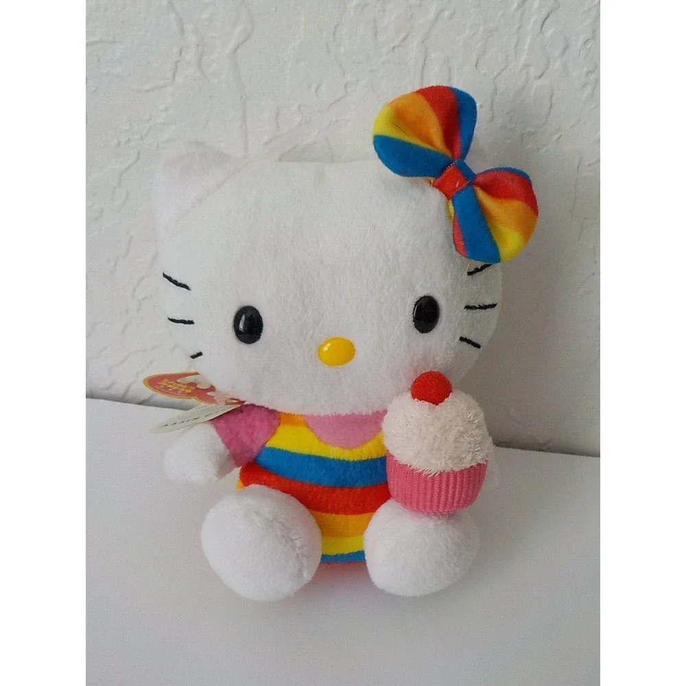 2011 Ty Beanie Babies Sanrio White Rainbow Stripe Hello Kitty w/ Muffin Plush 6